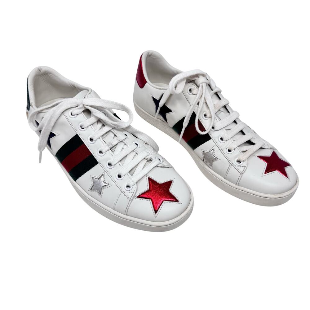 Gucci Ace Star Web Stripe Leather Sneakers 37.5 Metallic Python